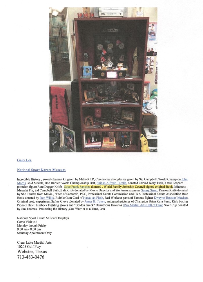 National Sport Karate Museum, Webster Texas displaying WHFSC Book (& WHFSC group  photo - not shown here)
